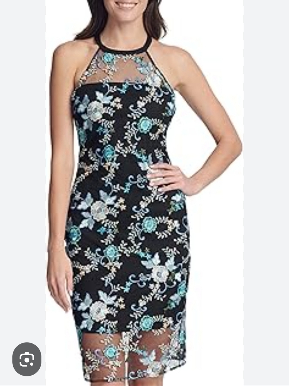 Guess Black Midi Dress with Teal and White Floral Embroidery